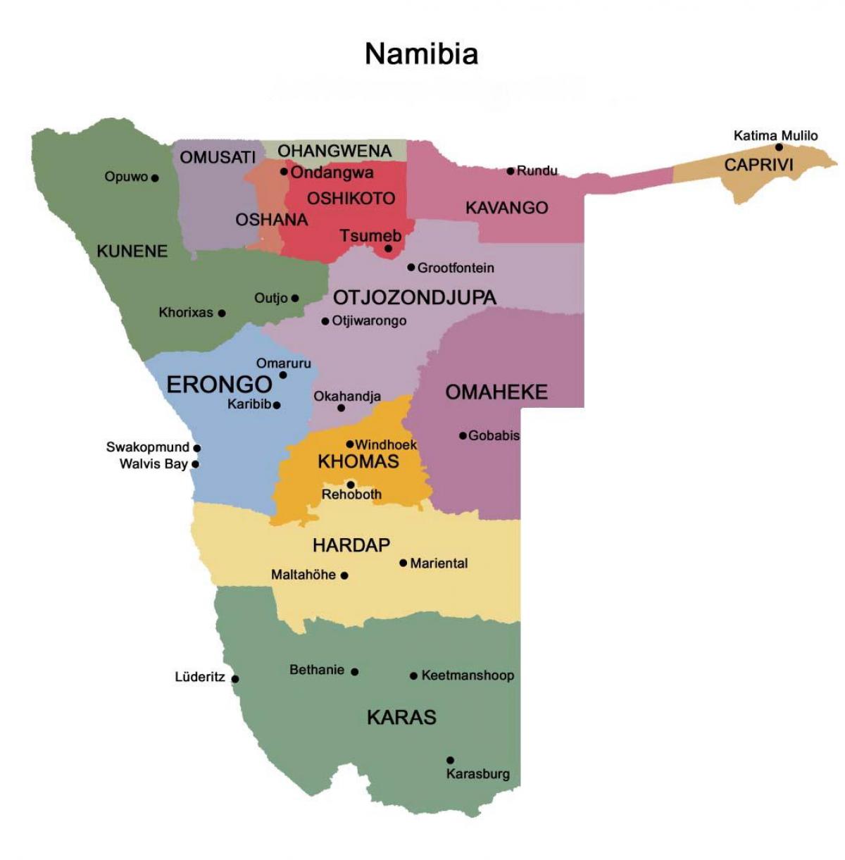 Kort af Namibíu með svæðum