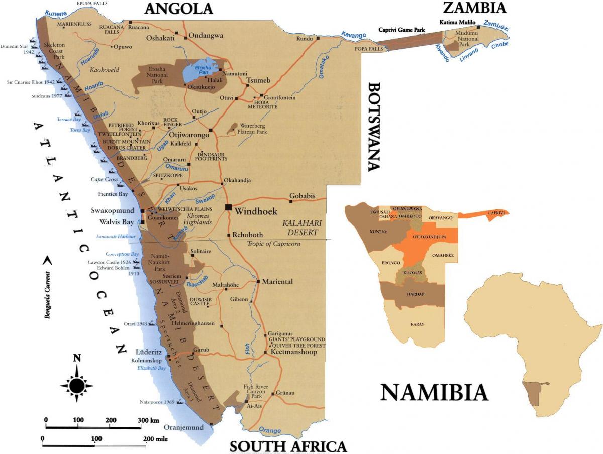 Kort af skillsmap Namibíu
